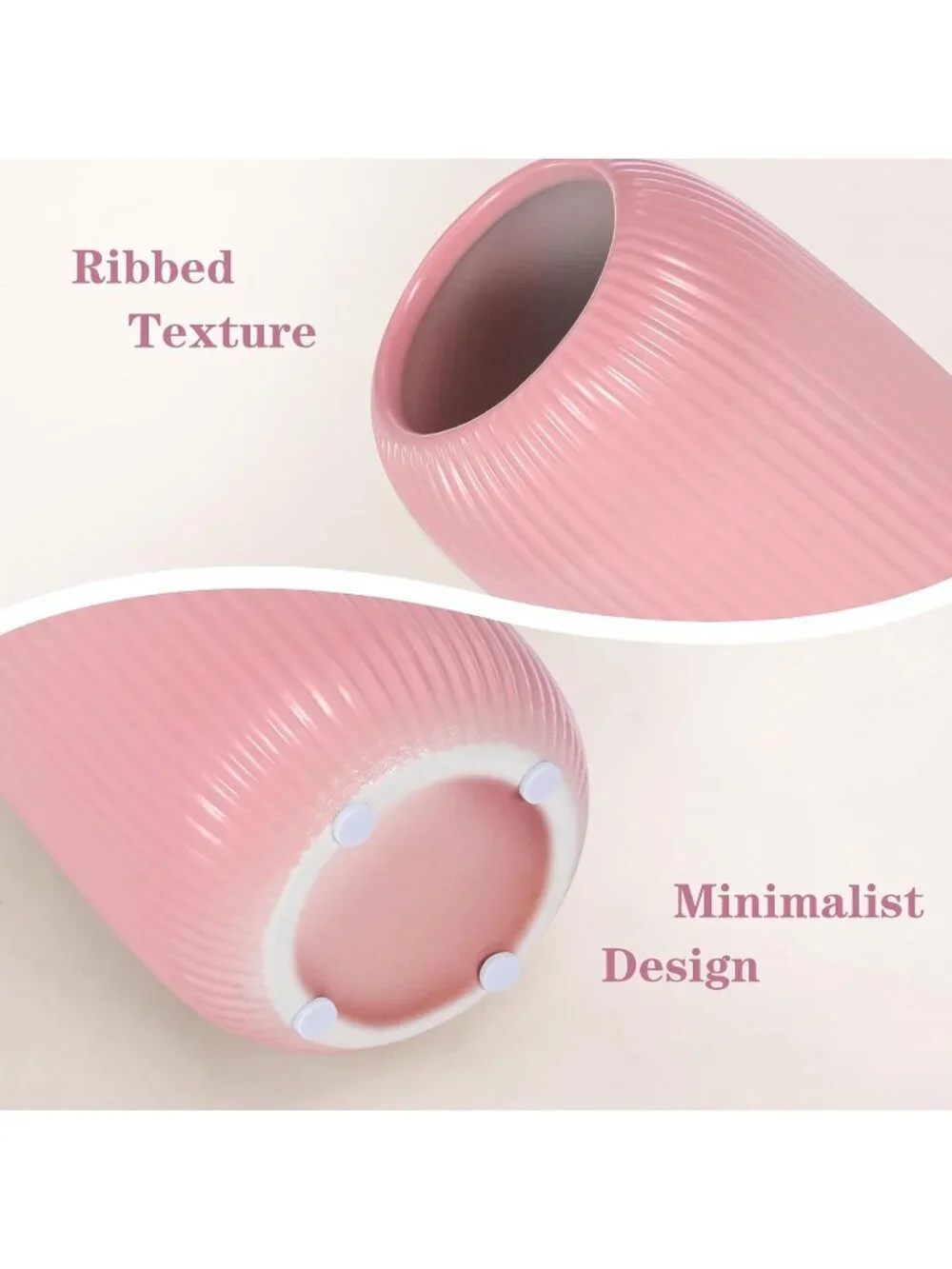 Modern Small Pink Ceramic Vase Flowers Ribbed Textured Farmhouse Home Livings